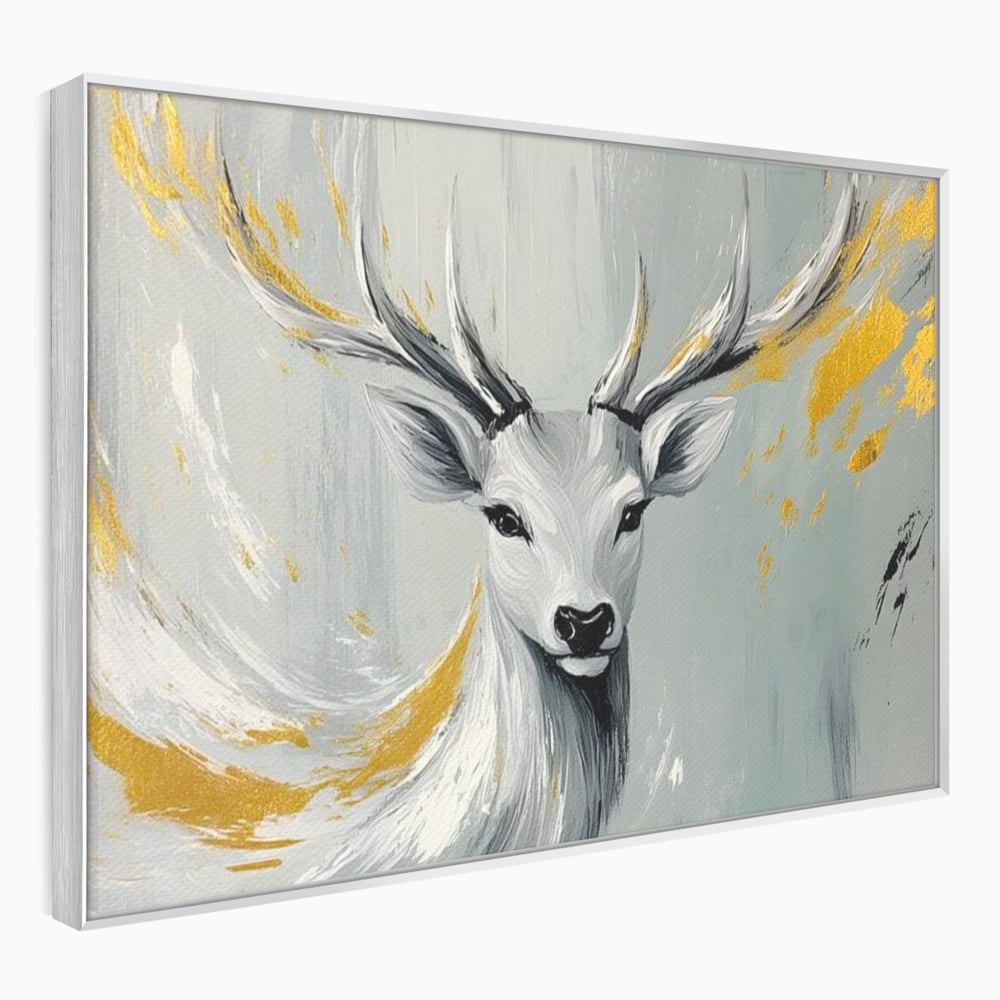 Tablou canvas cu pictura cu portret de cerb si detalii aurii, in rama de aluminiu argintiu